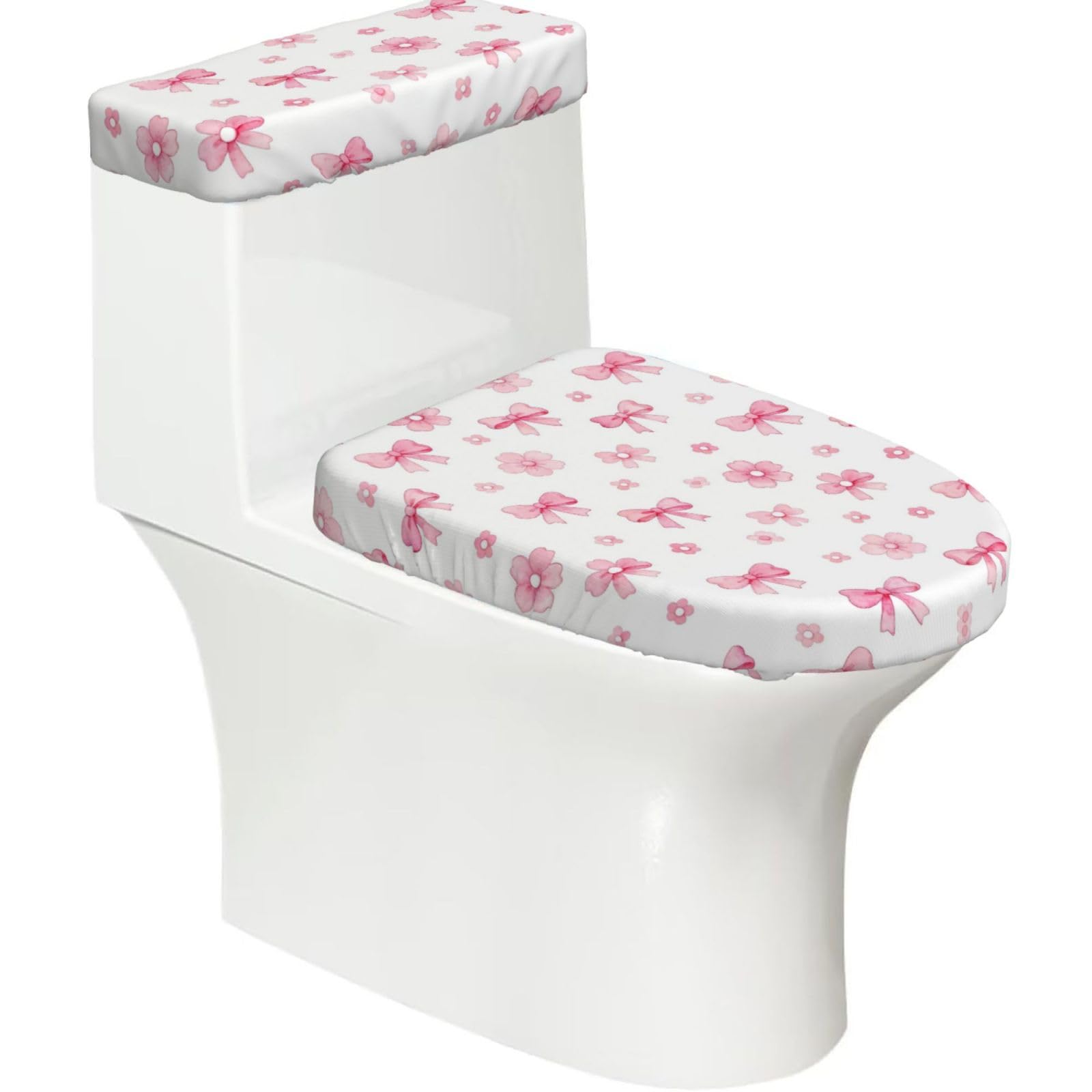 Bow Flower Seamless Elastic Toilet Cover Set of 2-Stretchy Lid and Tank Covers for Bathroom, Soft Washable U Shape Toilet Decor