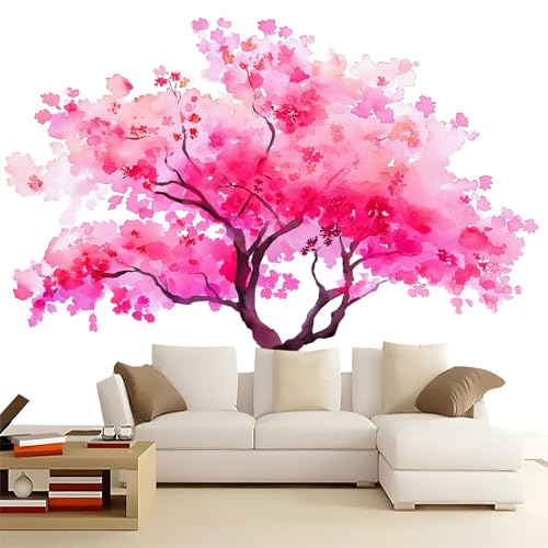 Rosa Papel pintado panorámico no tejido 300 x 210 cm Tamaño personalizado, póster mural gigante 3D, Acuarela Flores Flores De Cerezo para sala de estar dormitorio o restaurante