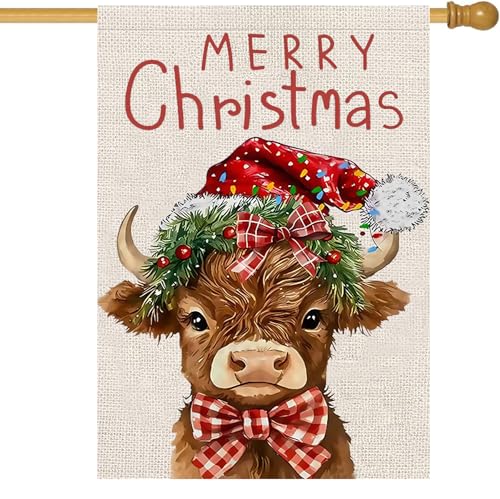 Merry Christmas Cow House Flag 28x40 Double Sided Highland Cow Large Christmas Winter Garden Flags for Outside Holiday Seasonal Yard Decorations for Home