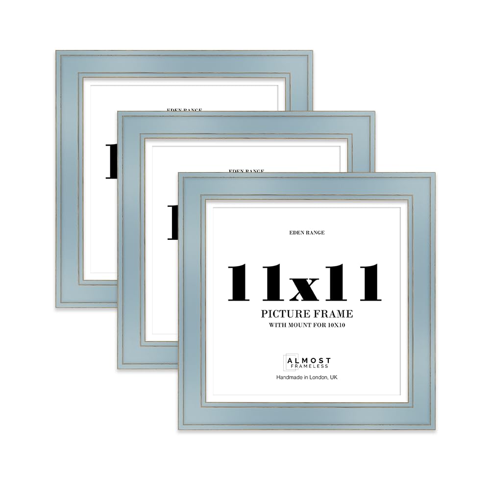 11x11" Cornflower Blue Square Picture Frame with 10x10" Mount - Shabby Chic Photo Frame with Distressed Finish, Gold Trim, Wall Hooks and Kickstand, 37mm Edge - 3 Pack