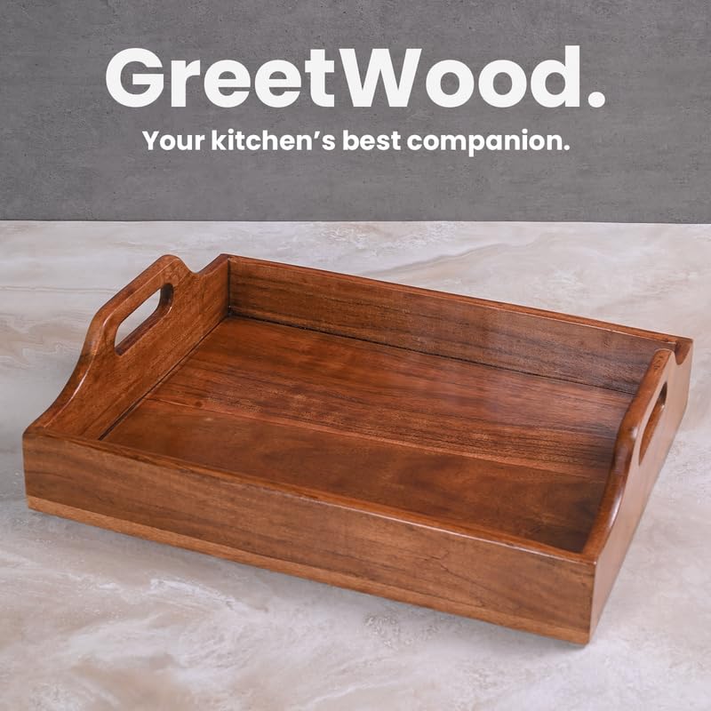 Image of Wooden Serving Tray - 15 Inch Rectangular Wooden Tray for Coffee Table, Kitchen, Breakfast & Home Decor | Multipurpose Organizer & Gift (Raised Handle)