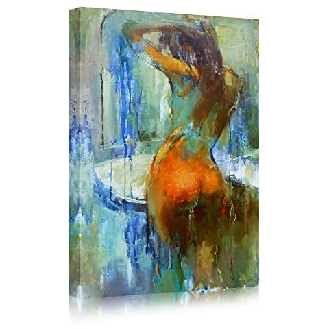 Faicai Art Sexy Nude Lady Paintings Girl In Bathroom Blue Orange Abstract Woman Wall Art Canvas Prints Printed Oil Painting Modern Wall Decor Artwork Pictures for Home Decor Office Framed 12"x16" Cover