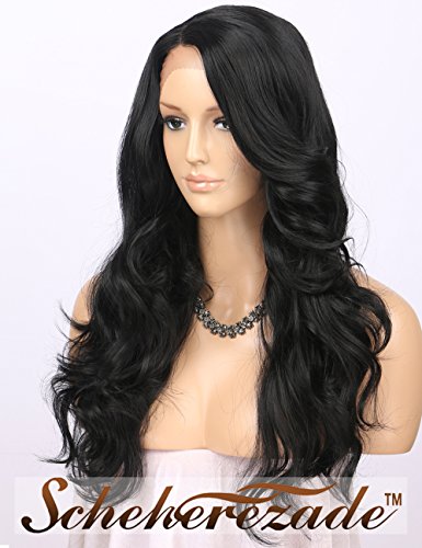 Scheherezade Natural Black Lace Front Wigs for Women, L Part Deep Parting Glueless Synthetic Wig Half Hand Tied Long Wavy Black Lace Front Wig for Women Heat Resistant 20 Inches (#1B)