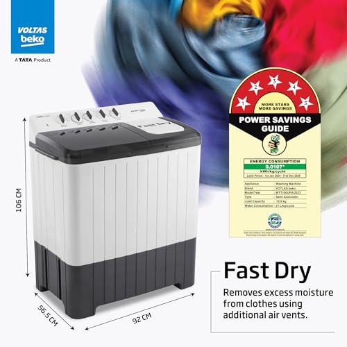 Image of Voltas Beko, A Tata Product 10 Kg 5 Star Semi-Automatic Top Load Washing Machine (WTT100UPA /GR5KPTD, Grey, Special pulsator and Double waterfall Technology)