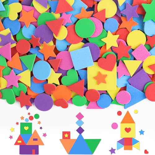 1600Pcs Foam Stickers 8 Colors Foam Shape Stickers for Kids Crafts Self Adhesive Star Heart Circle Geometric Stickers for Preschool DIY Art Supplies Project Home Party Decorations 16 Sheets(Geometric)
