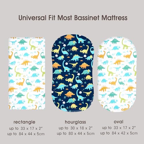 Image of PHF Soft Bassinet Sheet Set, 2 Pack Silky Comfy Breathable Cradle Sheets for Baby Boys Girls, Univeral Fit for Most Oval Rectangle Cradle and Bassinet Mattress /Pad, Dinosaur