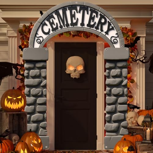3Pcs Halloween Cemetery Archway Door Decorations Halloween Graveyard Porch Banner Tombstones Hanging Banner Scary Cemetery Pillar Porch Sign for Outdoor Indoor Home Haunted House Party Supplies
