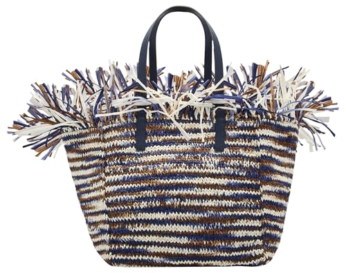 Oscar de la Renta, Medium Raffia Crochet Square Tote, Navy Multi
