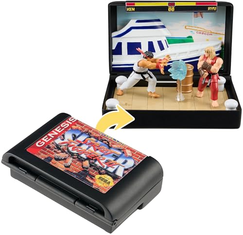 Image of Console Heroes Super Street Fighter II Collectible Diorama - Mini Ryu & Ken Figures with Dock Stage Scene - Retro SEGA Genesis Cartridge Display & Playset
