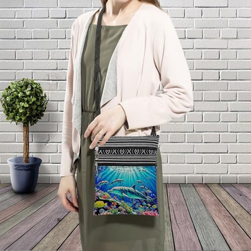 Undersea Dolphin Messenger Bag Small Ethnic Pattern Printed Adjustable Strap Crossbody Zipper Pouch Undersea Dolphin Phone Organizer Wallet Cute Shoulder Handbag for Women3