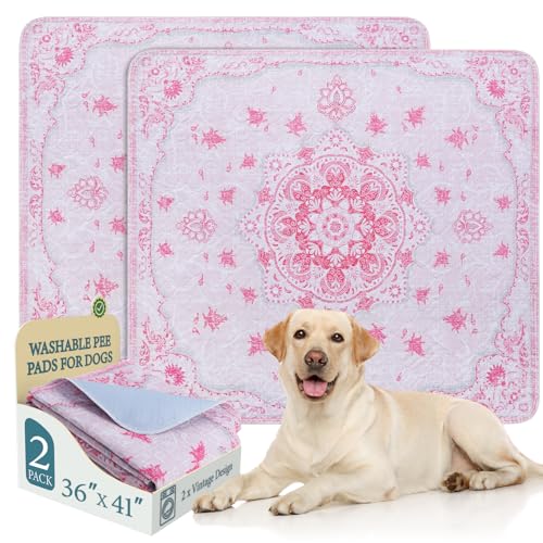 Image of Homimp Washable Pee Pads for Dogs, 2 Pack Reusable Puppy Pads Waterproof, Absorbent and Leakproof Dog Pee Pads, Non Slip Puppy Training Pads, Pet Mat for Floor,Crate,Couch,Whelping,Pink, 36 inchx41 inch