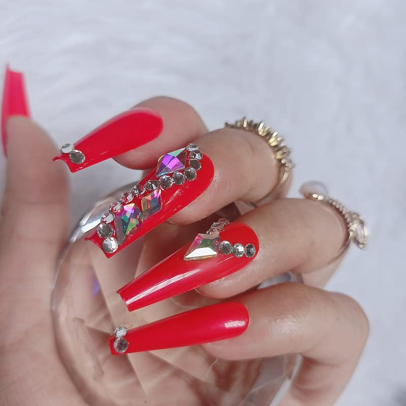 Miniatura 4 de Uñas postizas a presión rojas de lujo con diamantes de imitación, uñas postizas cuadradas extralargas, 24 unidades, brillantes, cobertura completa,