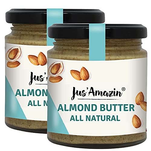 Image of Jus' Amazin Creamy Almond Butter - Unsweetened (200 g) Pack of 2 | 25% Protein | Plant-Based Nutrition | 100% Almonds | Zero Additives | Vegan | Dairy Free | 100% Natural | Keto