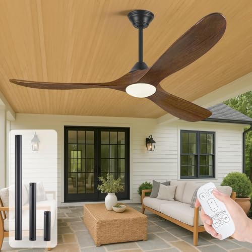 60 Inch Ceiling Fan with Lights and Remote, Outdoor Damp Rated for Patio, 3 Solid Wood Propeller Blades, High CFM Quiet DC Motor, Rustic Farmhouse Style, Dimmable for Indoor Living Room Bedroom