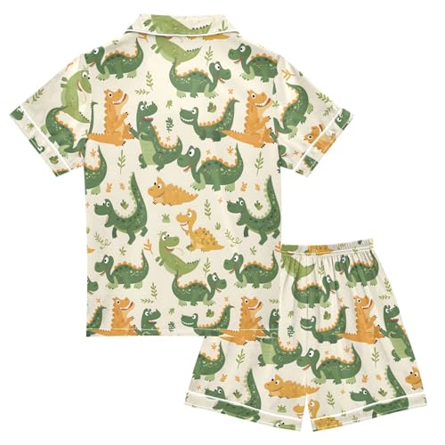 ALAZA Cartoon Green Crocodile Leaf Satin Pajamas Set Short Sleeve Button Down Sleepwear Summer Pjs 2 Piece2