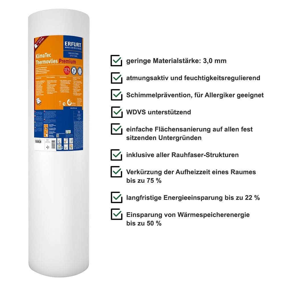 Erfurt KlimaTec Thermovlies Premium Tapete - 2 Rollen 15m² + KlimaTec Systemkleber
