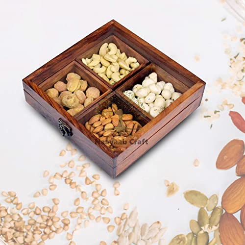 Image of Naayaab Craft Sheesham Wooden Masala Spice Box with Spoon, Square Spice Container for Kitchen, Masala Dani for Spices & Dry Fruits, Wooden Kitchen Storage Box