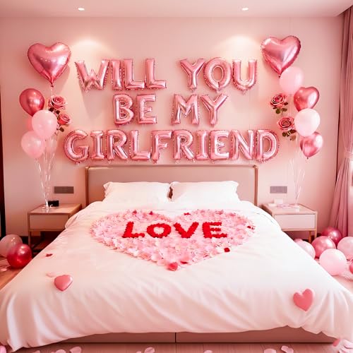 Pink 16 Will You Be My Girlfriend Balloons Letters - 18 Heart Balloons Alphabet Foil Mylar Balloons with 1200 Pcs Artificial Rose Petals for Valentines Day Decorations
