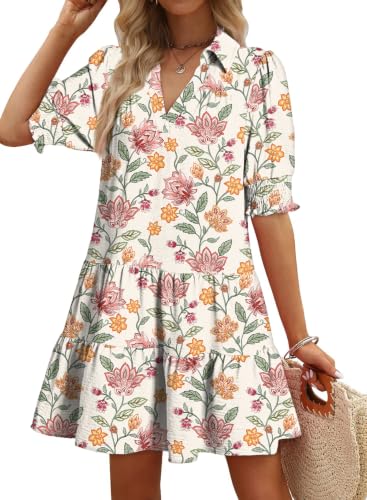 Image of Dokotoo Casual Dresses for Women Lapel Collared V Neck Mid Sleeved Pleated Summer Dresses for Women 2026 Midi Dresses