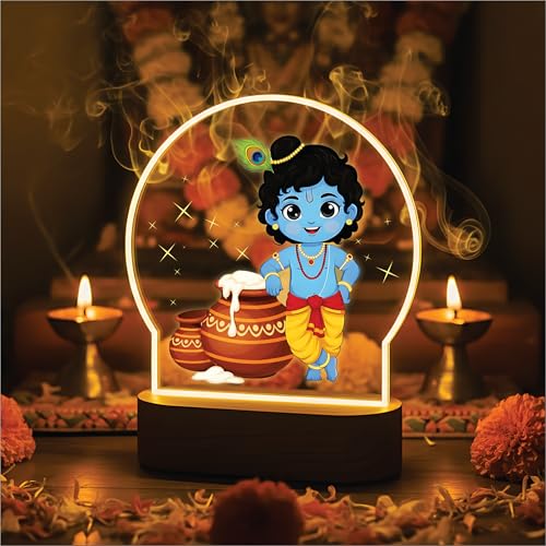 Image of Giftplease Divine Bal Krishna LED Lamp - Warm Glow Decorative Night Light for Home Mandir, Kids Room & Gifting - Vibrant Makhan Chor & Murali Manohar Printed Designs GL 09