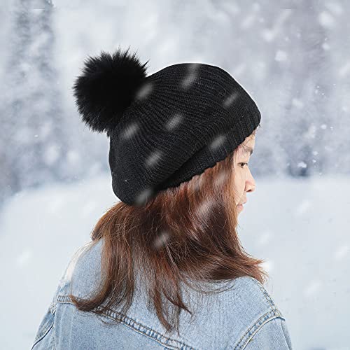 Women's Knit Beret Hat With Fur Pom French Beret Bennie Fashion Skull Cap Winter(Black-B) #TOP5