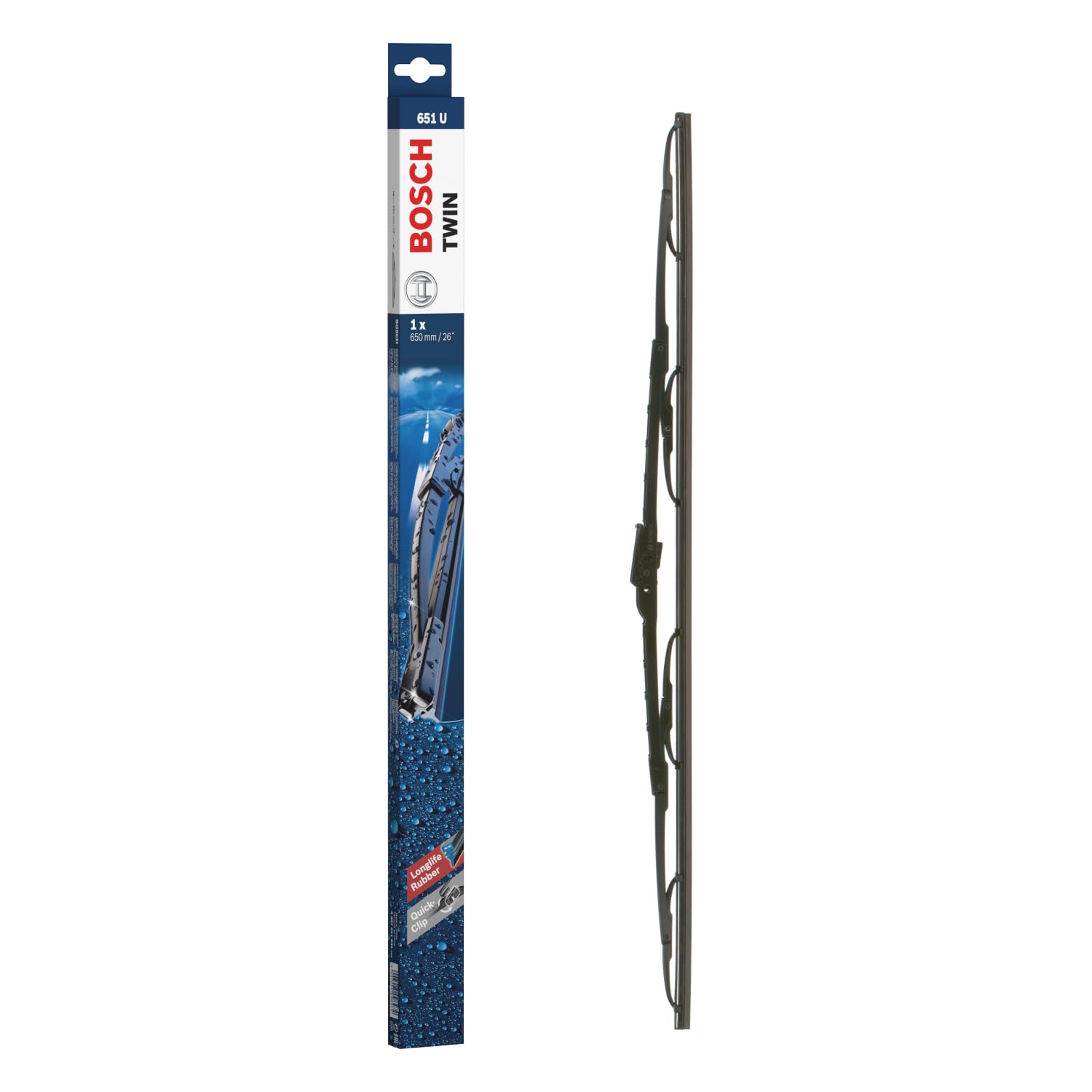 Bosch Twin 651 U - Front Windscreen Wiper - Replacement Blade - Comes with Pre-assembled Quick-Clip Adapter - 1 Single Blade, 650mm