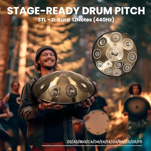 Image of PERLMAN 12-Note Handpan Drum, 22-Inch D Kurd (440 Hz), Adult Handpan with Padded Bag, 2 Mallets, Foldable Stand, Dust-Free Cloth (Gold Finish)