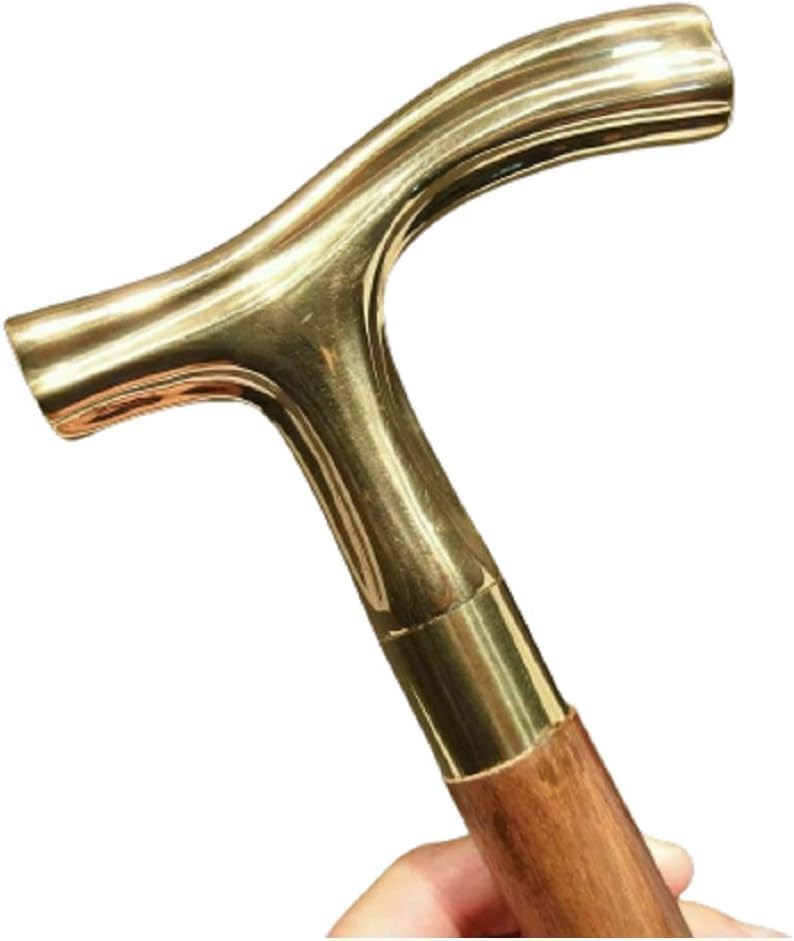 Mango de cabeza de Derby de latón dorado vintage victoriano con palo de madera marrón, mango de latón hecho a mano, diseño de bastón de madera