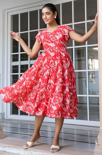 Image of Janasya Women's Georgette Printed Flared Western Dress