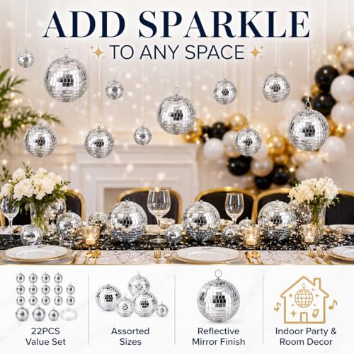 Bola espejada de discoteca de 16 pulgadas Youdepot, paquete con 22 bolas espejadas mini y luces de cadena de bola espejada de 1.97 pulgadas para eventos miniatura 7