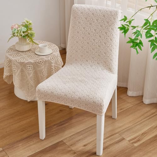 Image of HOMETHREADS Elastic Jacquard Chair Cover Stretch Removable Washable Short Dining Chair Cover Protector Seat Slipcover (D Cream, Pack of 2)