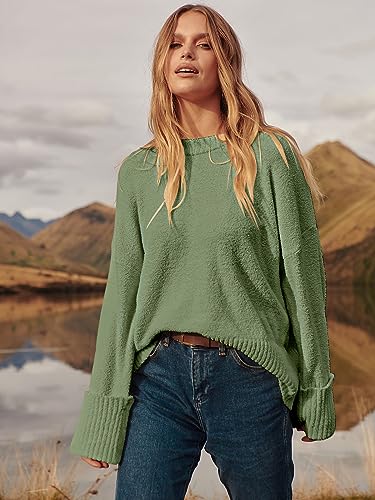 Anrabess Women Sweaters 2023 Fall Fashion Trendy Casual Outfits Tops Long Sleeve Crew Neck Loose Fit Fuzzy Knit Chunky Warm Knitted Pullover Cashmere Clothes 626Junlv-M Army Green #TOP5