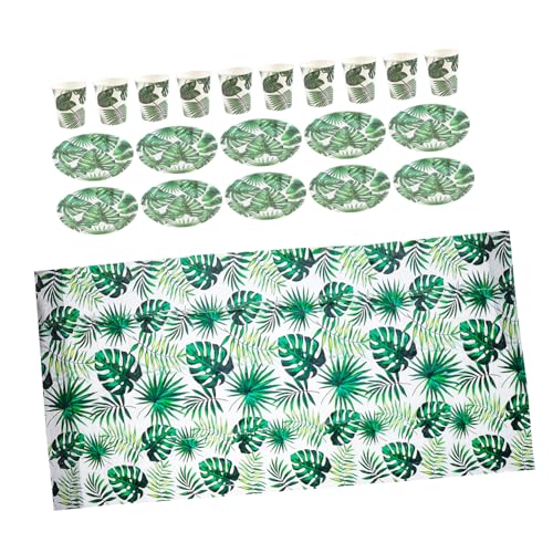 BinZyronic パーティー用紙食器セット 緑 ? ハワイアン柄プレート付き使い捨てカトラリー テーマ別イベント向け