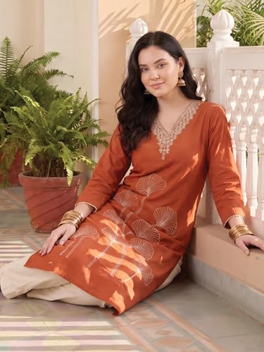 Image of INDO ERA Women Viscose Rayon Straight Fit Straight Floral Embroidered Kurtas