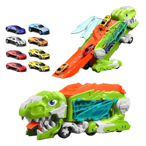 Dinosauro camion giocattolo con 8 auto, auto giocattolo per bambini per bambini 3 4 5 6 7 8 anni di età, garage, set pista da corsa, Transforms in Dino con ali, camion furgoni, regali di compleanno