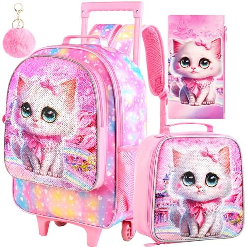 CCJPX 3PCS Rolling Backpack for Girls, Kids Cat Roller Wheels School Bookbag with Lunch Bag, Wheeled School Bag for Toddler Elementary Children