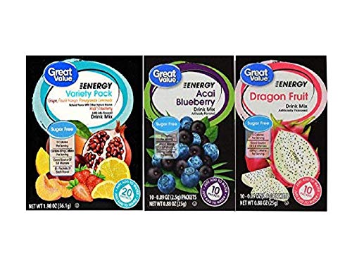 Great Value Low Calorie Sugar-Free Energy Drink Mix 3 Pack Bundle, 1-Large Variety Pack 1-Dragonfruit and 1-Acai Blueberry. Great Value Low Calorie Sugar-Free Energy Drink Mix 3 Pack Bundle, 1-Large Variety Pack 1-Dragonfruit and 1-Acai Blueberry.