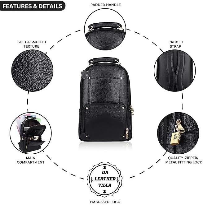 LV Full Grain Natural Leather Laptop Backpack For Men And Women Office And College 17 Inch Backpack Bag, Black, M, Backpacks