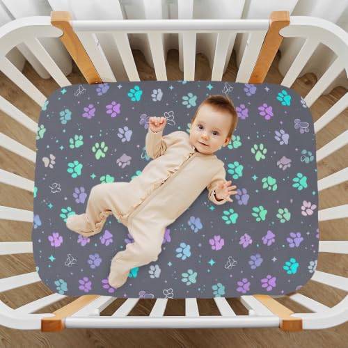 Image of Crib Sheet Breathable Soft Crib Mattress Sheet for Baby Toddler Boys Girls Fitted Pack n Play Crib Sheet Fit Standard Crib Mattress 39 x 27 Inch Dog Cat Paw Print Grey