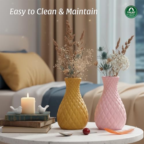 Image of TrustBasket Serenity Decorative Plastic Flower Vase Set Yellow Pink, Modern Table Top Home Accent for Living Room Bedroom Dining Office, Minimalist Durable Lightweight Decorative Set of 2