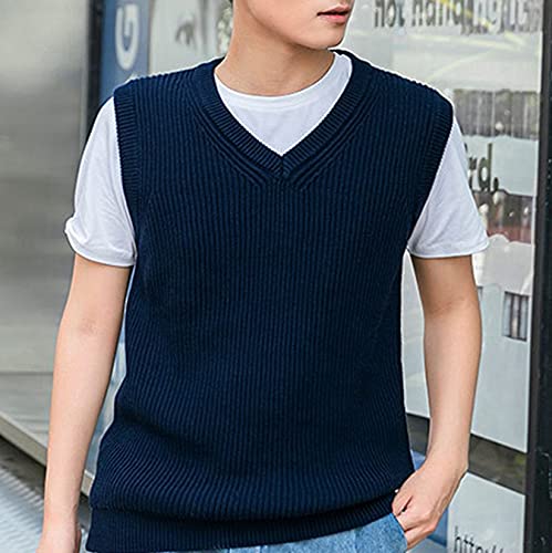 Suéter masculino colete de algodão waffle malha xadrez gola em V retrô sem mangas pulôveres, Azul, G