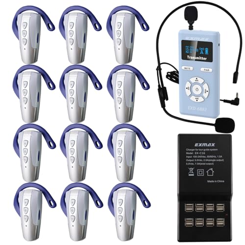 EXMAX EXD-6882 Sistema inalámbrico de guía de audio con 2 transmisores y 12 receptores, sonido claro, control táctil, para iglesia, bodas, presentaciones miniatura 1
