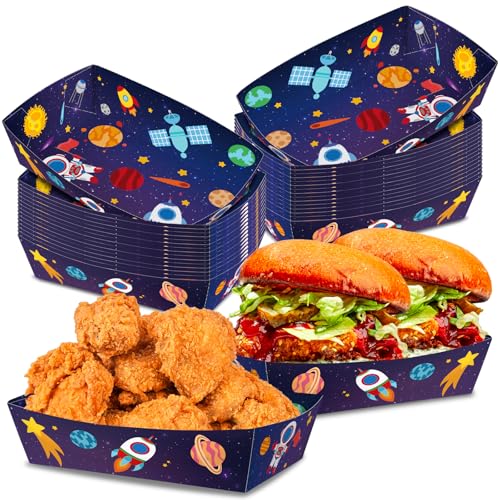 KERINGO No Folding Required 50 Pack 2 Lb Outer Space Birthday Party Decorations Space Plates Large Solar System Planet Nacho Boats Serving Food Trays...