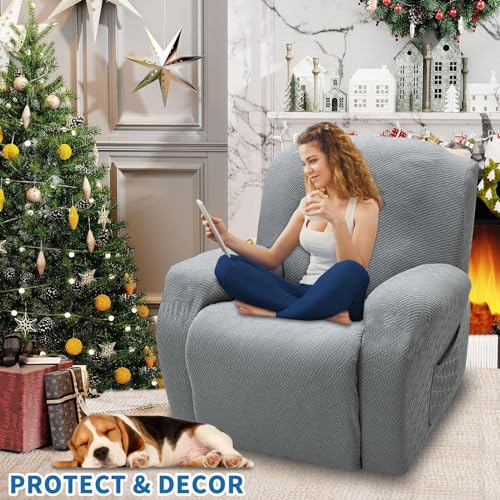 XINEAGE 4-Piece Recliner Cover Stretch Jacquard Slipcover with Pocket, Washable Recliner Chair Protector for Kids, Pets, Dogs, Cats (Light Gray)