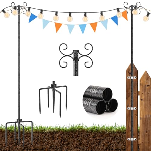 StarryEver 2 Pack String Light Poles 3M/10FT Adjustable Height Metal Lights Hanging Pole with 4 Hooks and Rustproof for Yard Patio Decor Camping Sun Shades Outdoor Outside Decor
