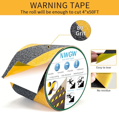Image of Black & Yellow Anti-Slip Stair Treads Tape, 4 inch x50FT Heavy Duty Non-Skid Grip Tape for Indoor /Outdoor Steps, Bathroom & Pool - PVC Waterproof Safety Traction Tape