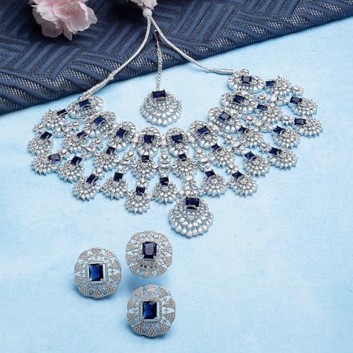 Image of ZENEME Rhodium-Plated American Diamond Studded Tasselled Necklace With Earrings Ring & MaangTikka Jewellery Set For Girls and Women