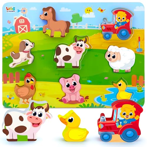 Farm Animals Toys for Ages 2-4, Wooden Montessori Toys for 2 3 4 Year Old, Educational Learning Toy for Toddlers, Preschool Learning Activities, Jumbo Wooden Puzzle for Toddlers by Lucas & Friends