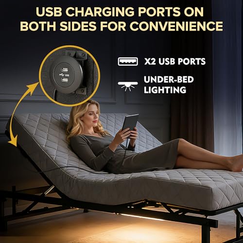 Image of Anwick King Adjustable Bed Frame with Remote, Adjustable Bed Base with Head & Foot Incline, LED Light, USB Ports, Electric Bed Frame with Under-Bed Nightlight (King)