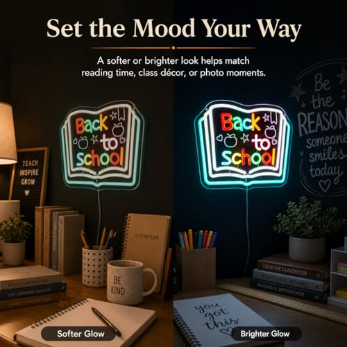 Image of Back to School Neon Sign, Classroom LED, 13.8 inch x 11 inchIN | Chalkboard Style, Typography with Apple & Stars, Study Room Decor, For Kids & Teachers